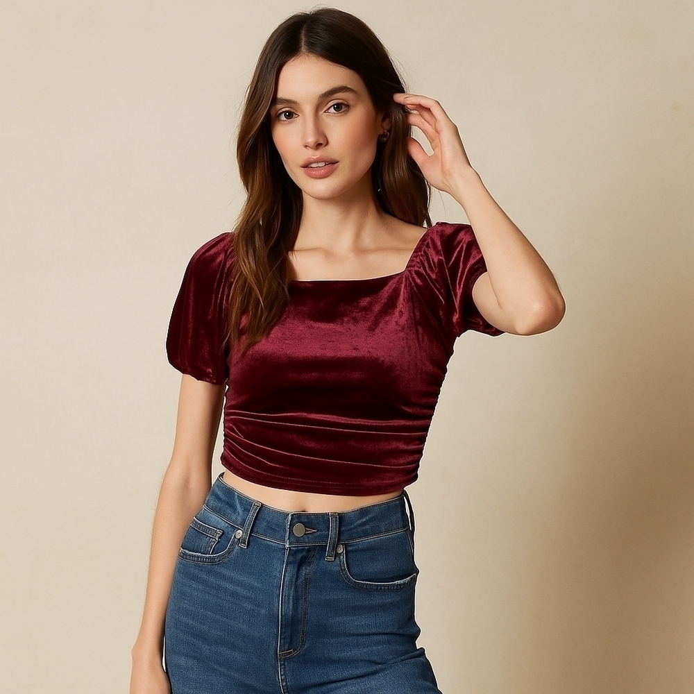 Free People Intimately Velvet Ruched Puff Sleeve Crop Top – Size XS, NWT
